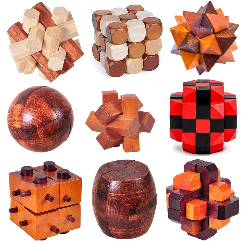 Collection of various wooden puzzles on a white background