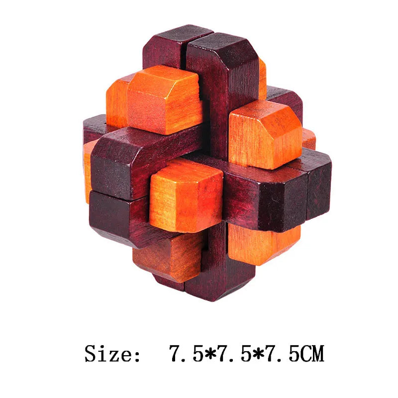Wooden puzzle with interlocking cubes on a white background
