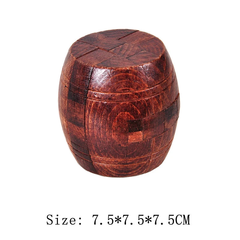 Wooden puzzle stool with a size label on a white background