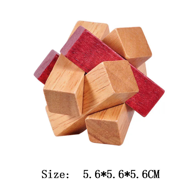 Wooden puzzle with red and brown blocks on a white background