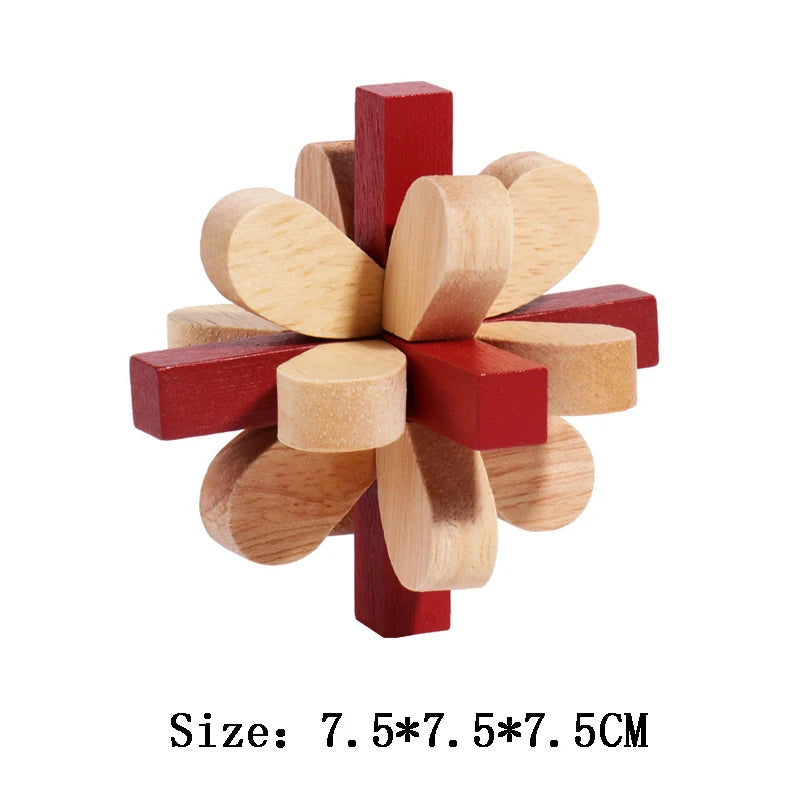 Wooden puzzle toy with red and natural wood blocks on a white background