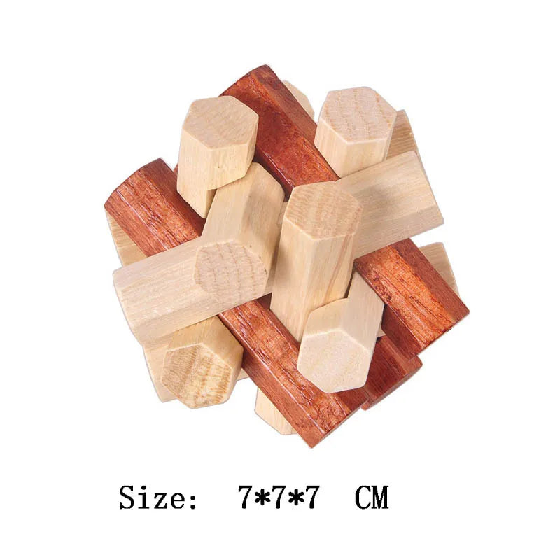 Wooden puzzle with alternating brown and beige blocks on a white background, labeled 'Size: 7*7*7 CM'.