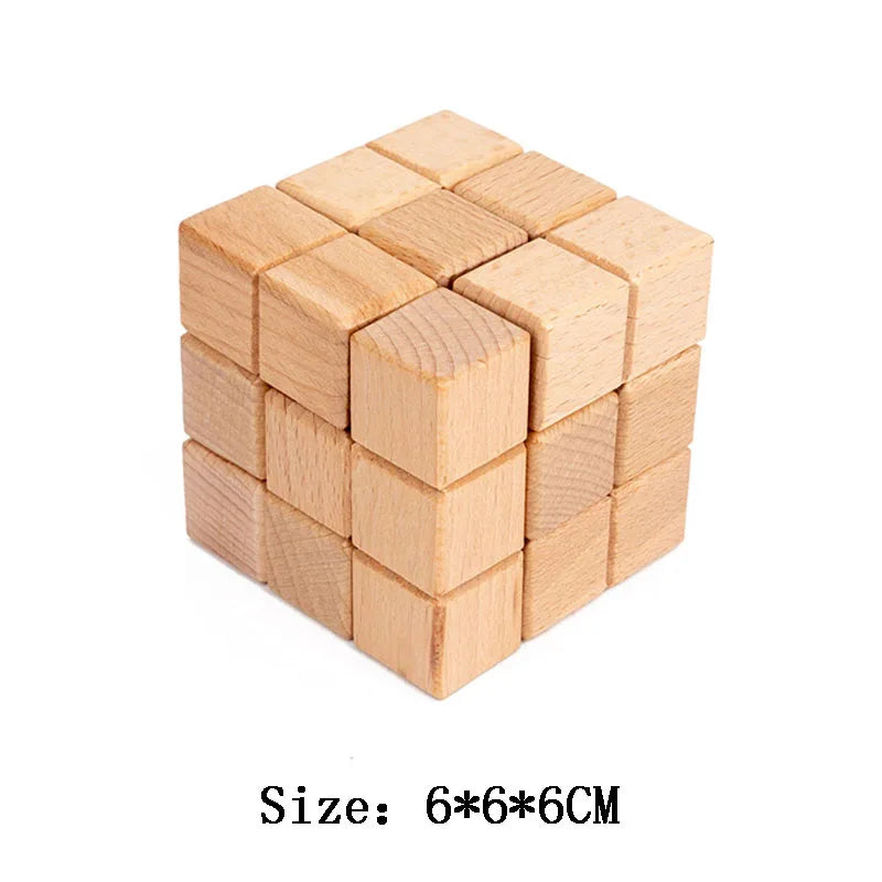 Wooden cube puzzle with size 6x6x6 cm on a white background
