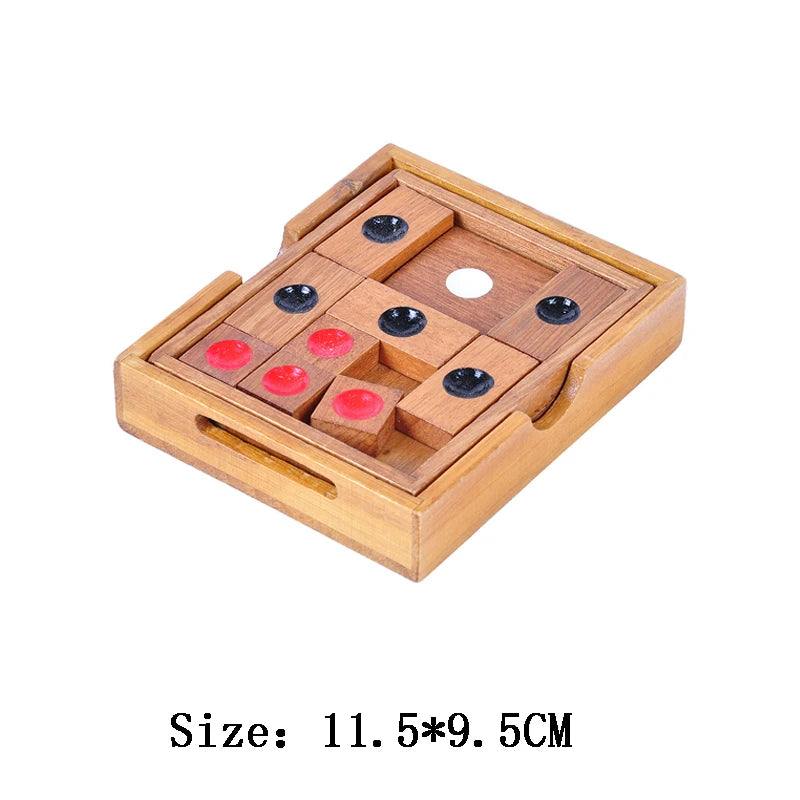 Wooden puzzle game with red and black pieces on a white background