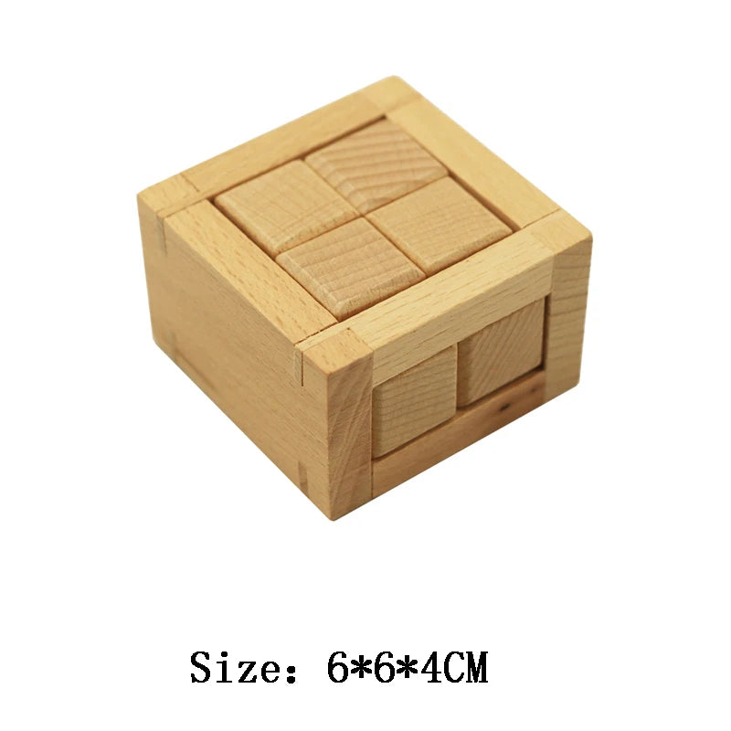 Wooden puzzle cube on a white background with size label