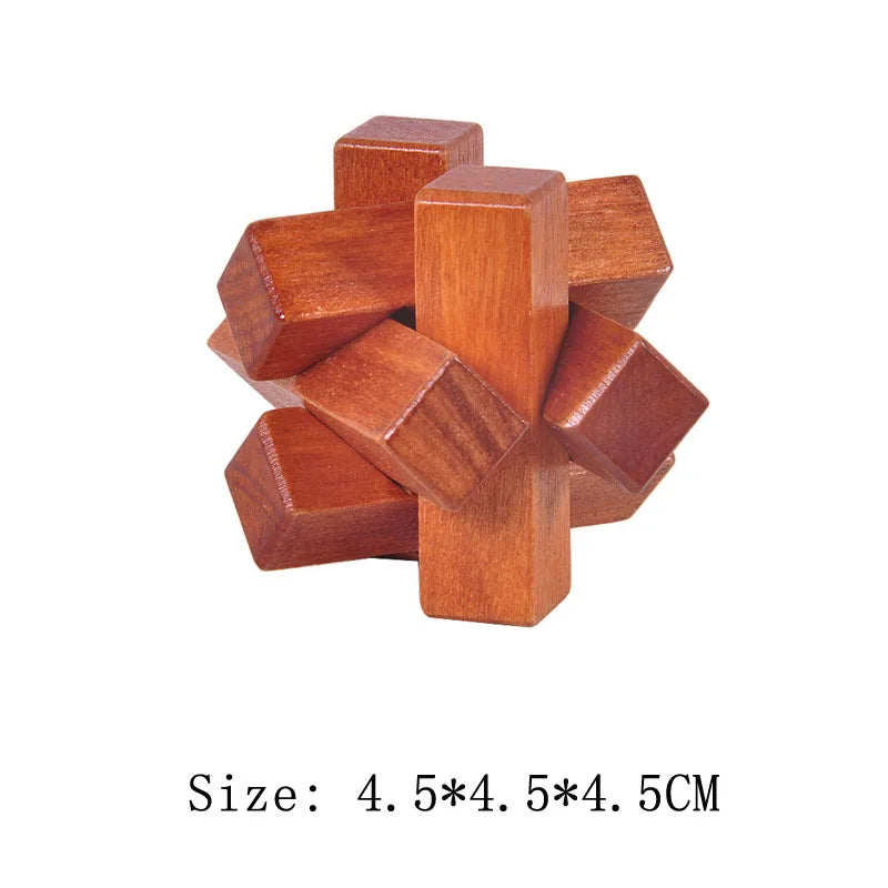 Wooden interlocking puzzle on a white background with size label