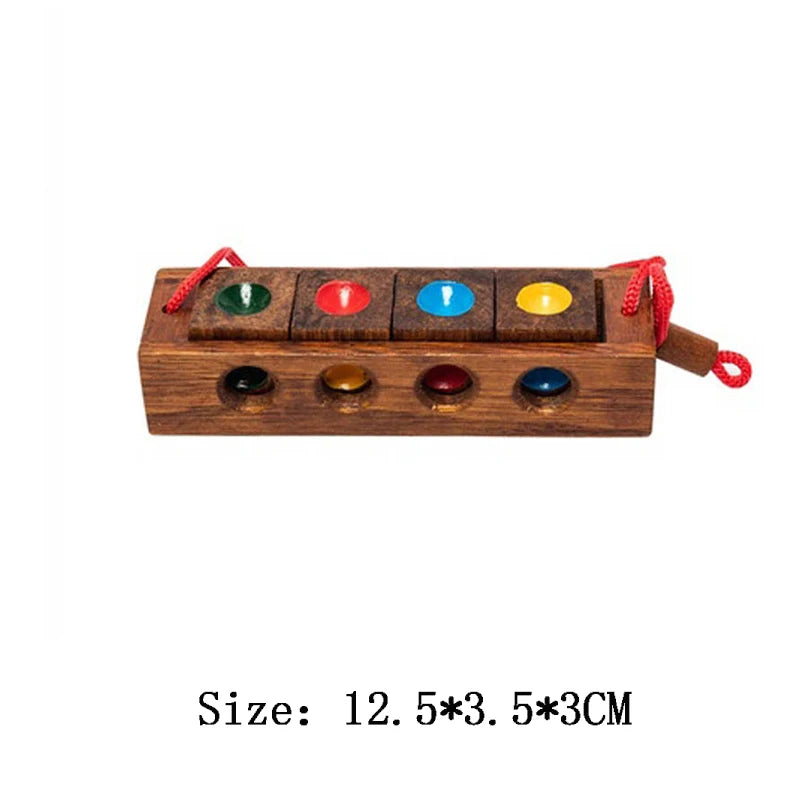 Wooden xylophone puzzle toy with colorful stones on a white background