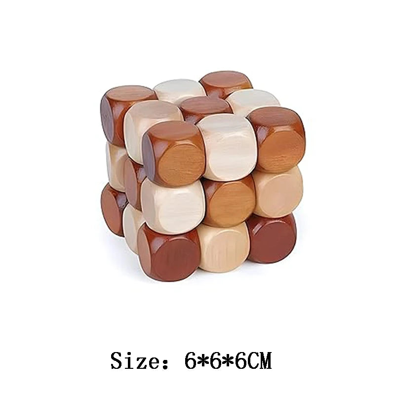 Wooden cube puzzle with brown and beige colors on a white background
