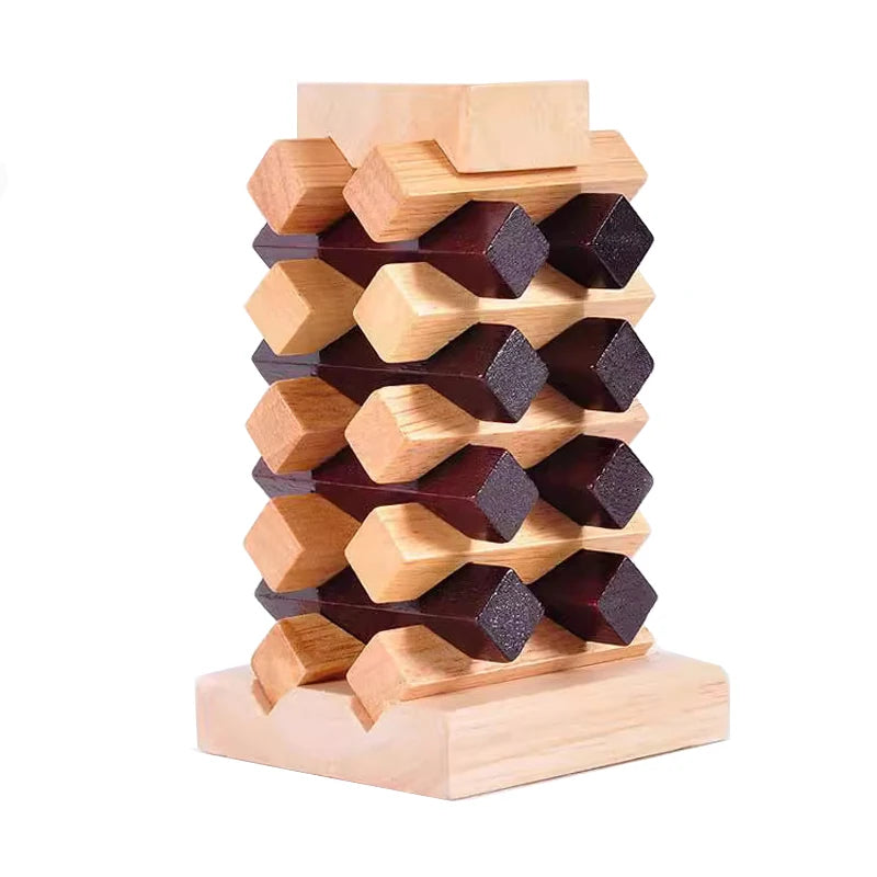 Wooden puzzle tower with geometric design on a white background