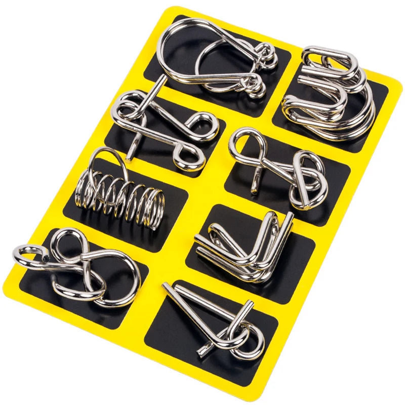 Set of metal hooks  puzle on a yellow and black tray