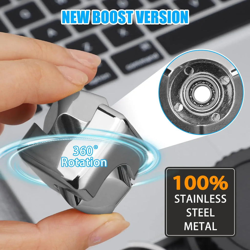 Metallic lock with '360° Rotation' and '100% Stainless Steel Metal' text, held by a hand with a laptop background.