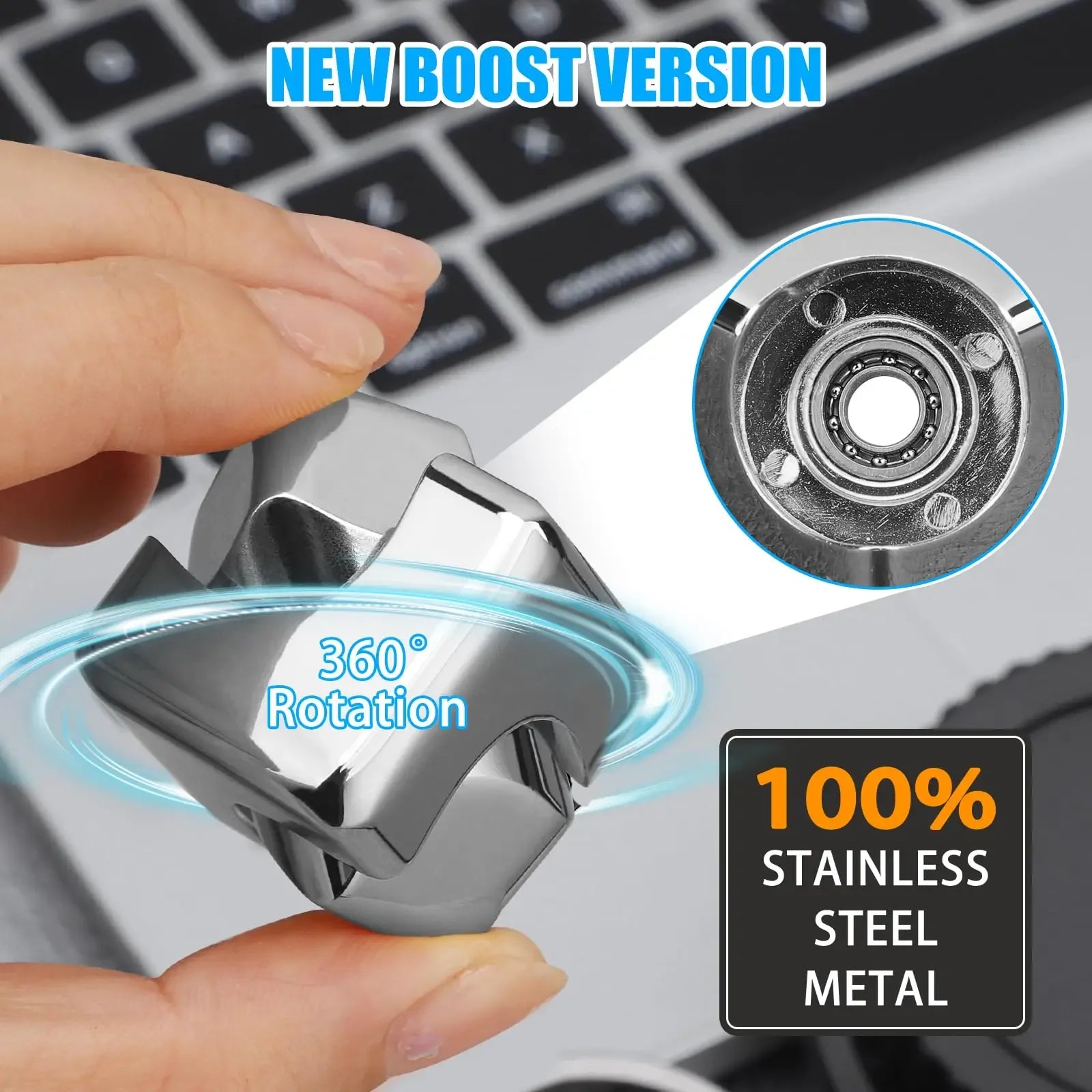 Metallic lock with '360° Rotation' and '100% Stainless Steel Metal' text, held by a hand with a laptop background.