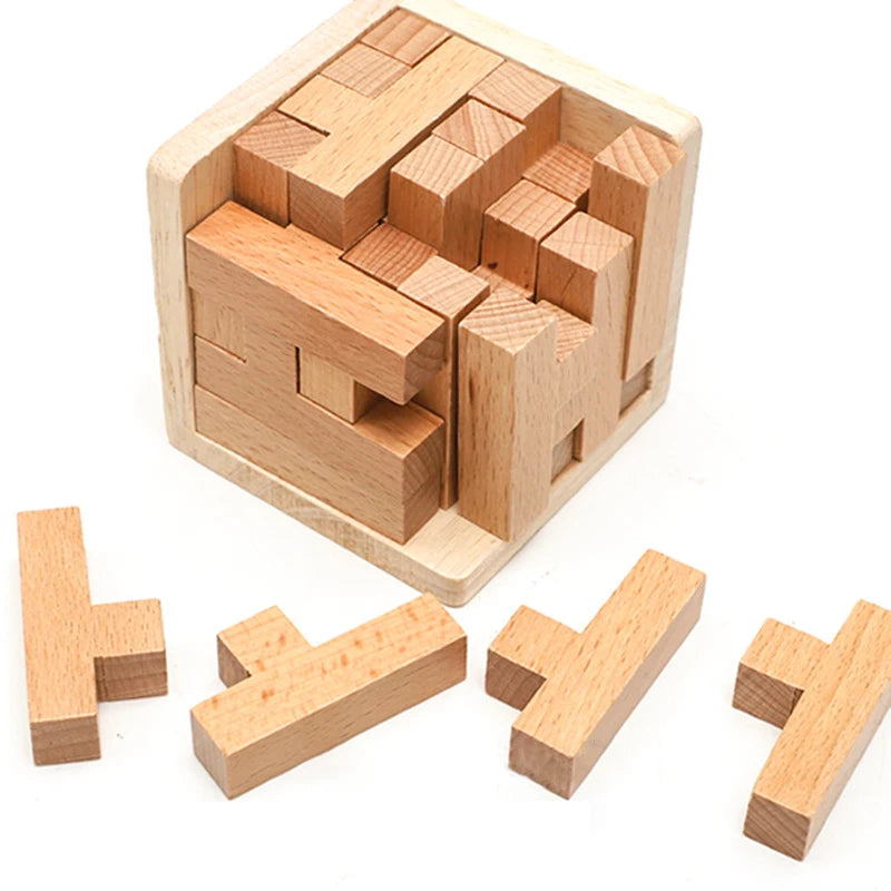 Wooden 3D Puzzles with 25 T-shaped Blocks,Classic Lock Cube Puzzle , Intellectual Executive Game for adults
