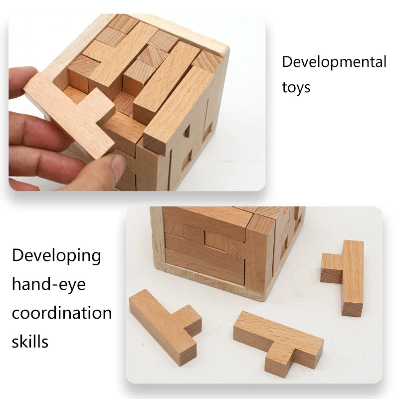 Wooden 3D Puzzles with 25 T-shaped Blocks,Classic Lock Cube Puzzle , Intellectual Executive Game for adults
