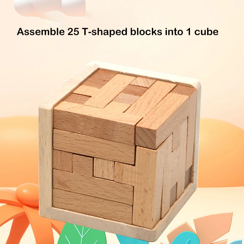 Wooden 3D Puzzles with 25 T-shaped Blocks,Classic Lock Cube Puzzle , Intellectual Executive Game for adults