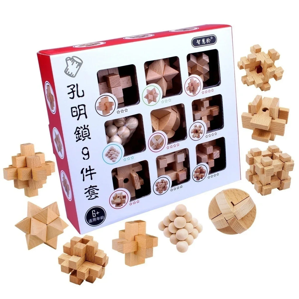 9-piece Set of Wooden Interlocking Cube Puzzle