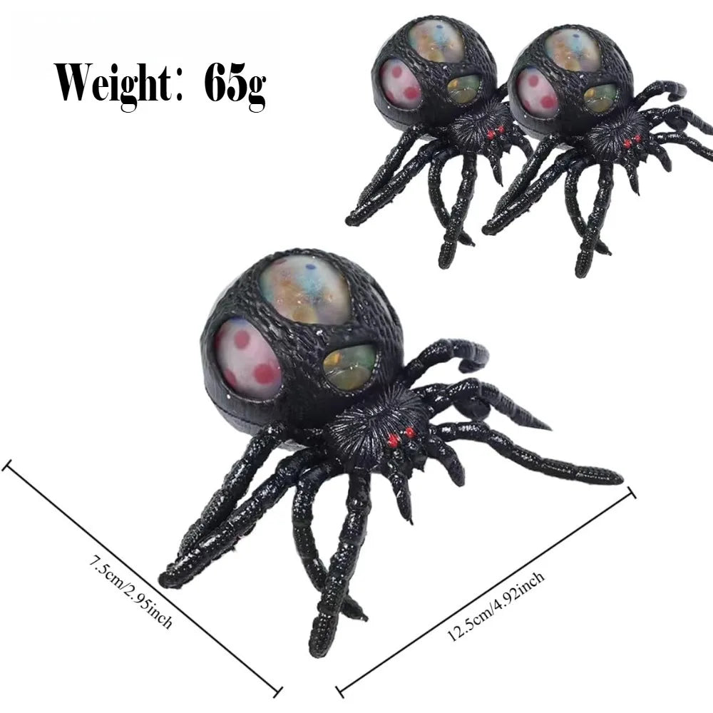 Black spider toy with measurements and weight on a white background