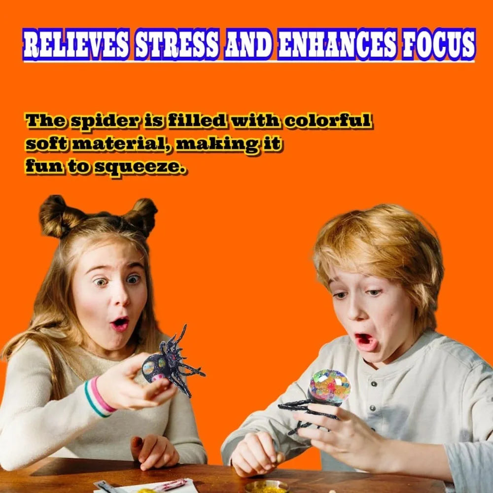 Two children playing with toy spiders against an orange background with text about stress relief and focus enhancement.