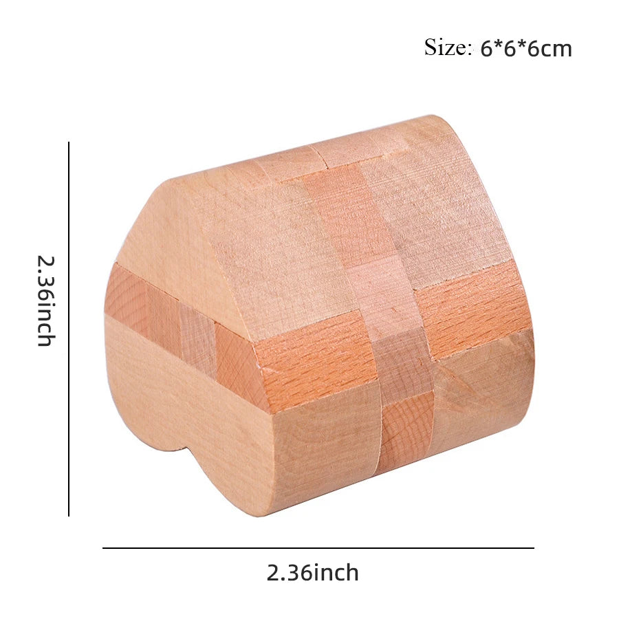 Wooden puzzle cube with dimensions labeled on a white background