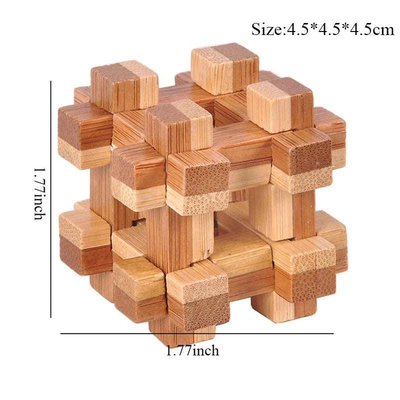 Wooden cube puzzle with dimensions on a white background