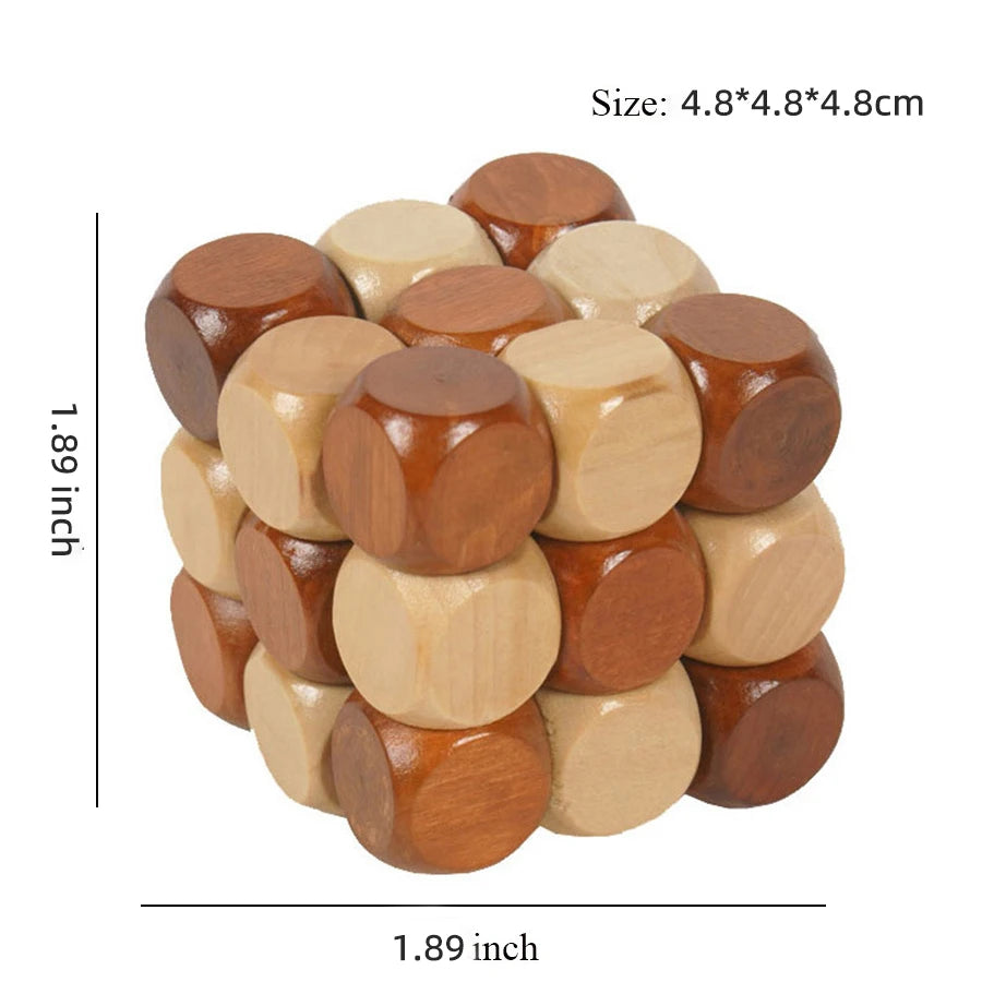 Wooden puzzle ball with dimensions labeled on a white background