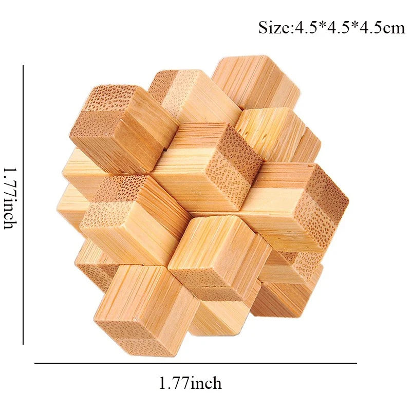 Wooden interlocking puzzle with dimensions labeled on a white background