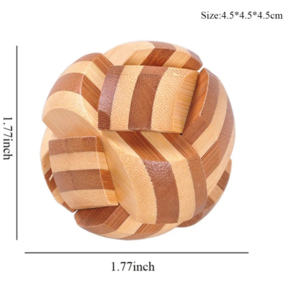 Wooden puzzle ball with dimensions on a white background