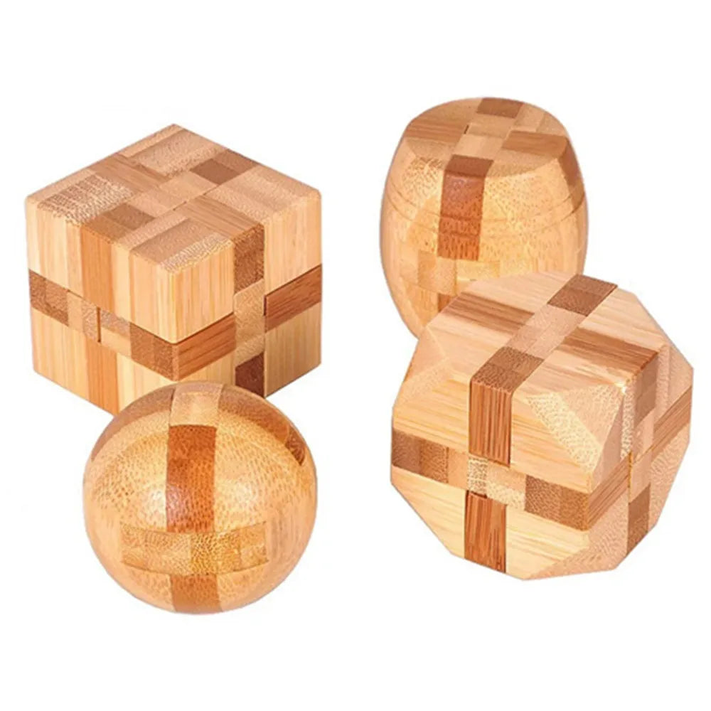 Set of four wooden puzzle toys on a white background