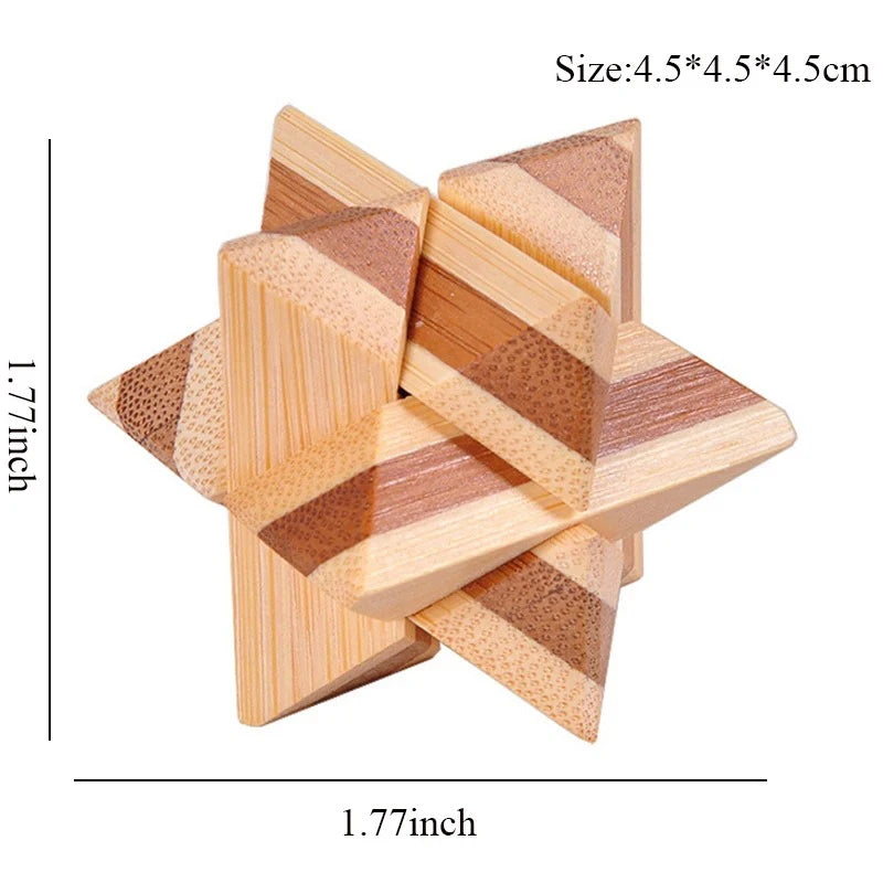 Wooden interlocking puzzle with dimensions on a white background