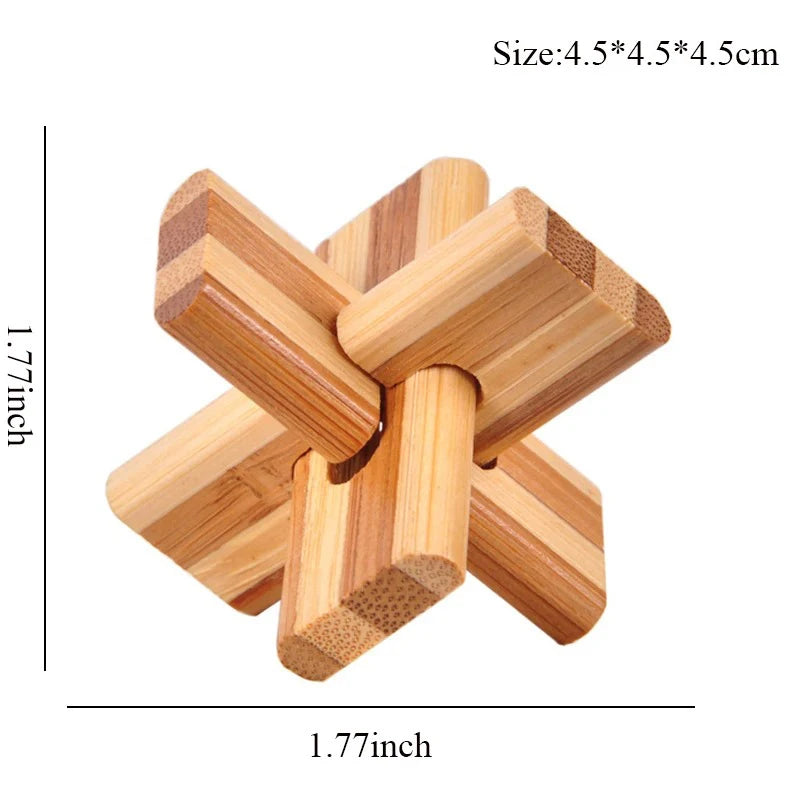 Wooden interlocking puzzle with dimensions labeled on a white background