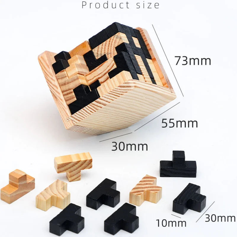 Wooden puzzle with measurements on a white background