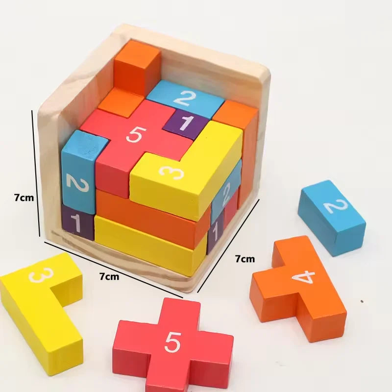 Colorful wooden puzzle blocks with numbers in a wooden box, shown with measurements.