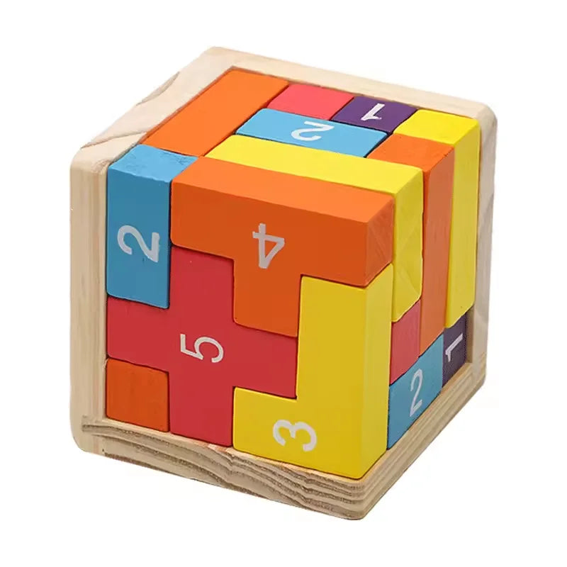 Colorful wooden puzzle cube with numbers on a white background