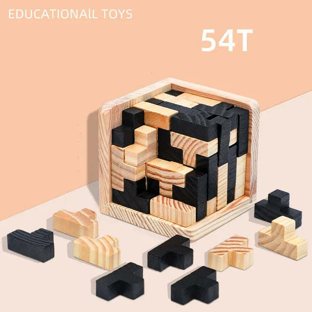 Wooden puzzle toy set with pieces scattered on a light background, labeled 'Educational Toys' and '54T'.