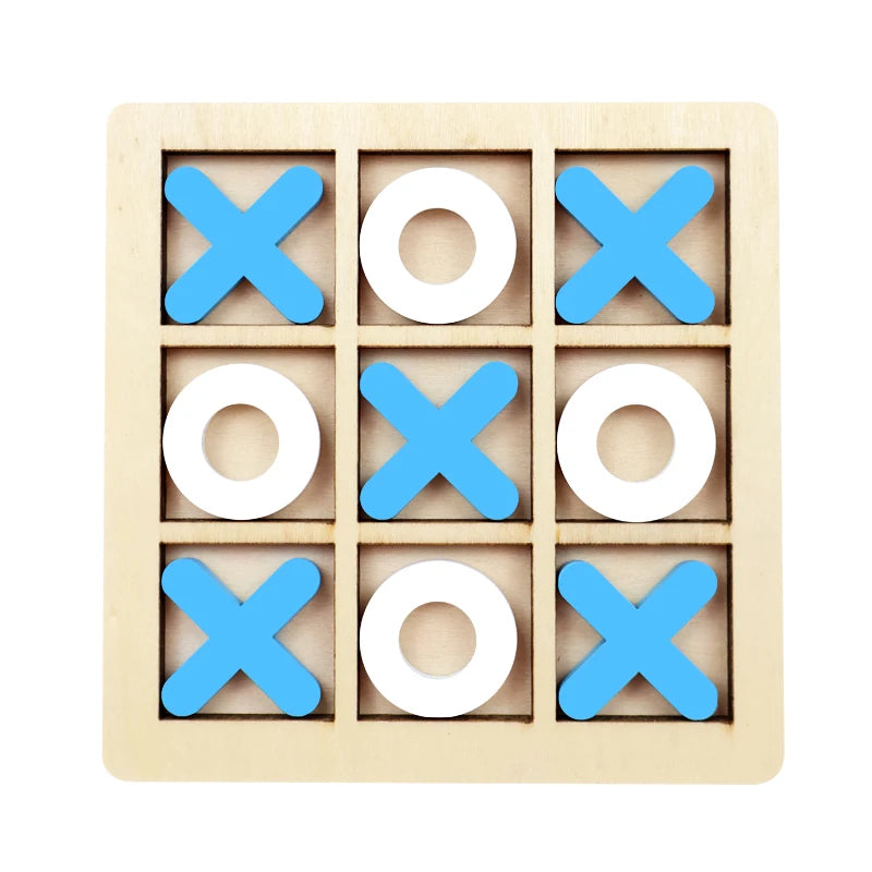 Wooden tic-tac-toe board with blue and white markers on a white background