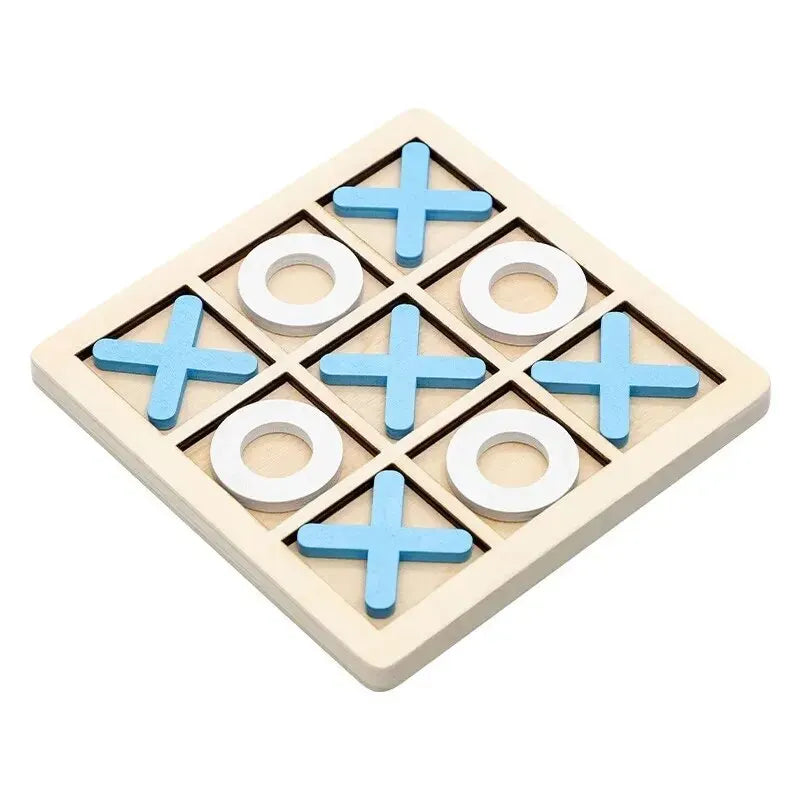 Close-up of solid wood Tic Tac Toe board and pieces