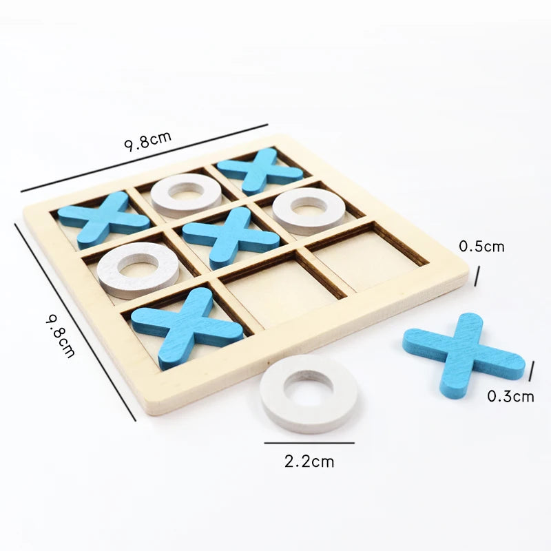 Close-up of solid wood Tic Tac Toe board and pieces