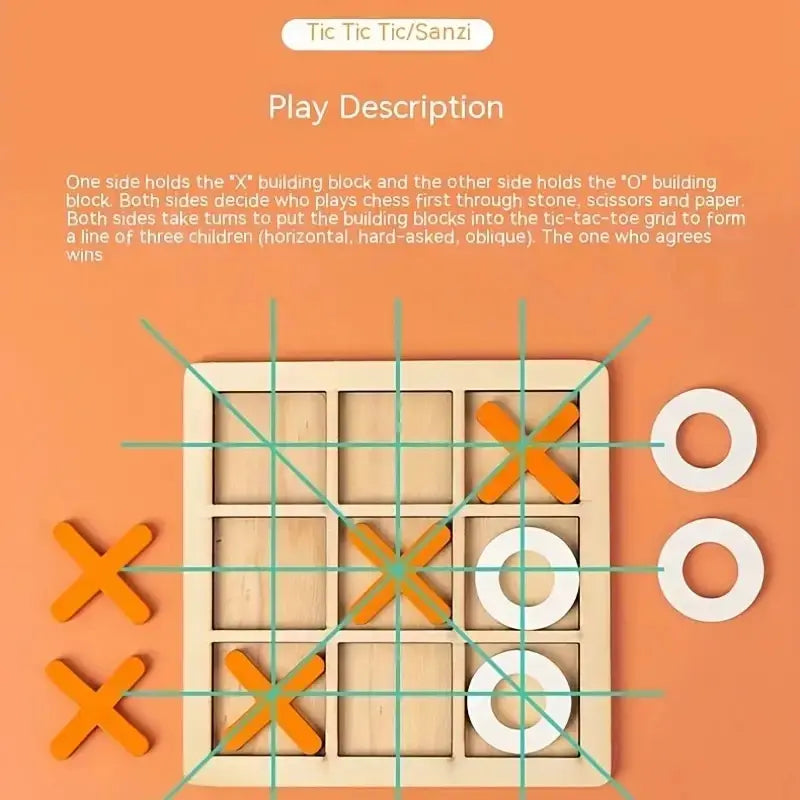 Wooden tic-tac-toe game with building blocks on an orange background