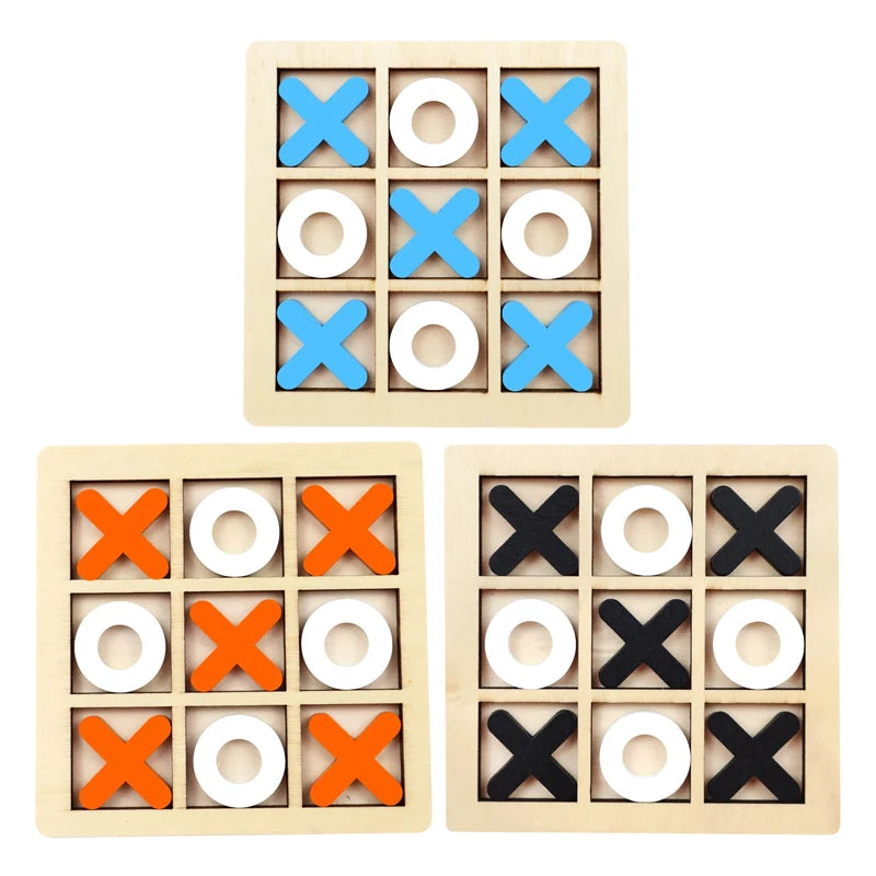 Three wooden tic-tac-toe boards with colored markers on a white background
