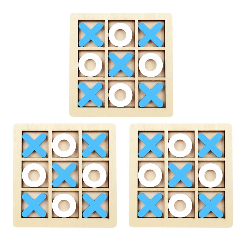Three wooden tic-tac-toe boards with blue and white markers on a white background
