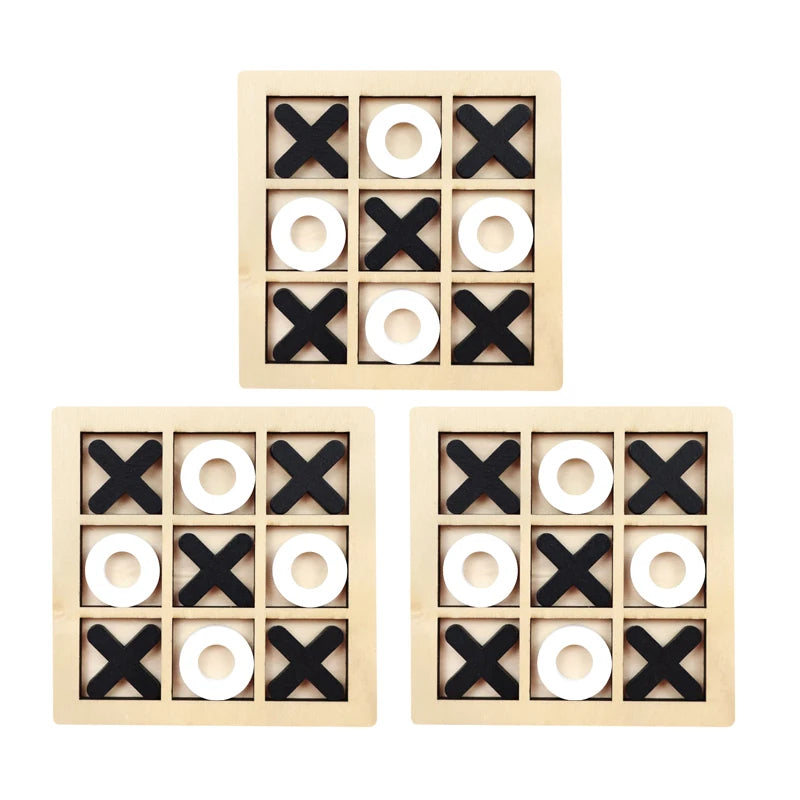 Three wooden tic-tac-toe boards with Xs and Os on a white background