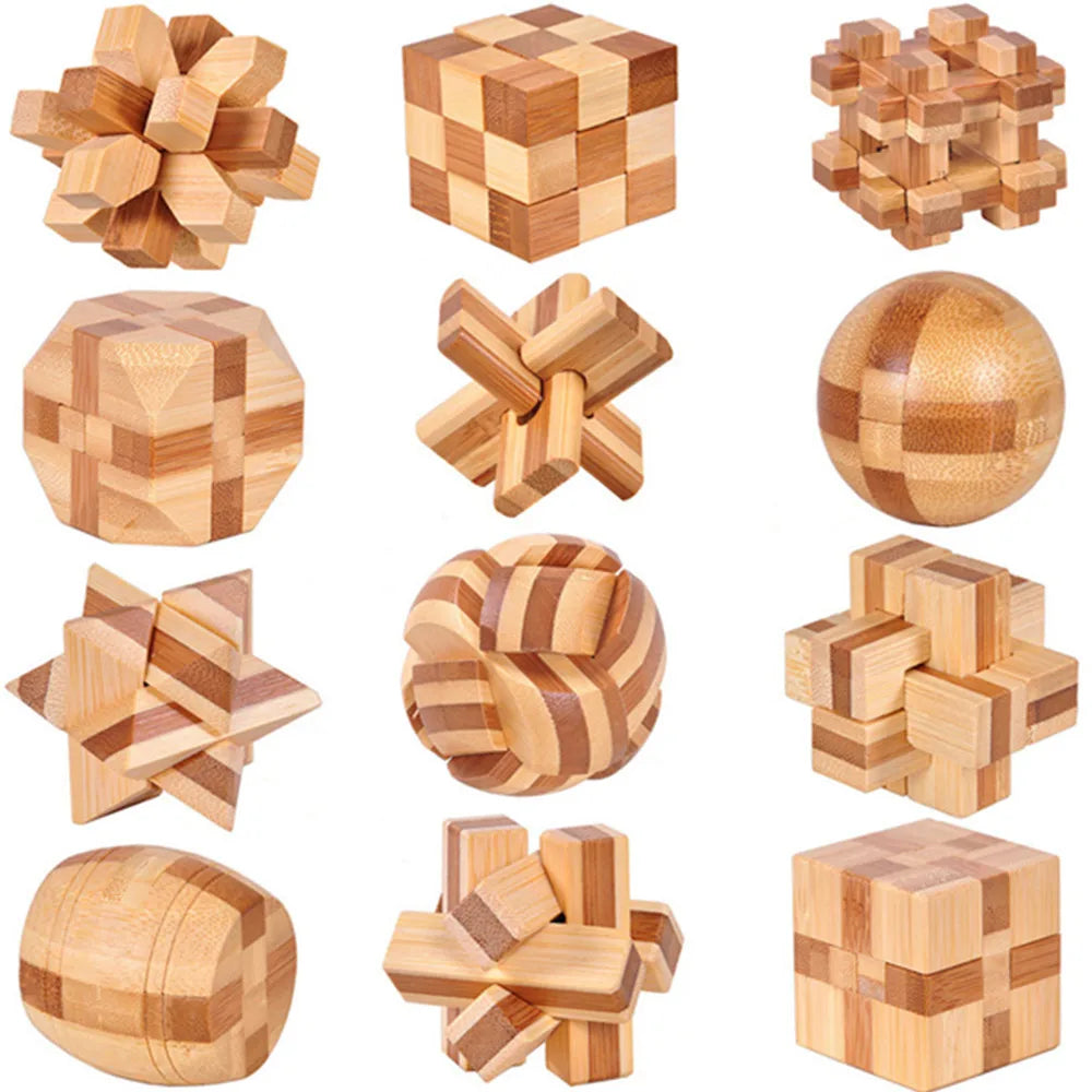 Wooden brain teaser puzzle made from natural wood, tactile focus toy for stress relief and logical thinking. 