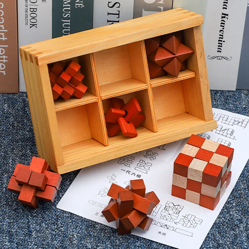Wooden set of IQ  Brain Teaser 3D Puzzles Game for Focus & Calm