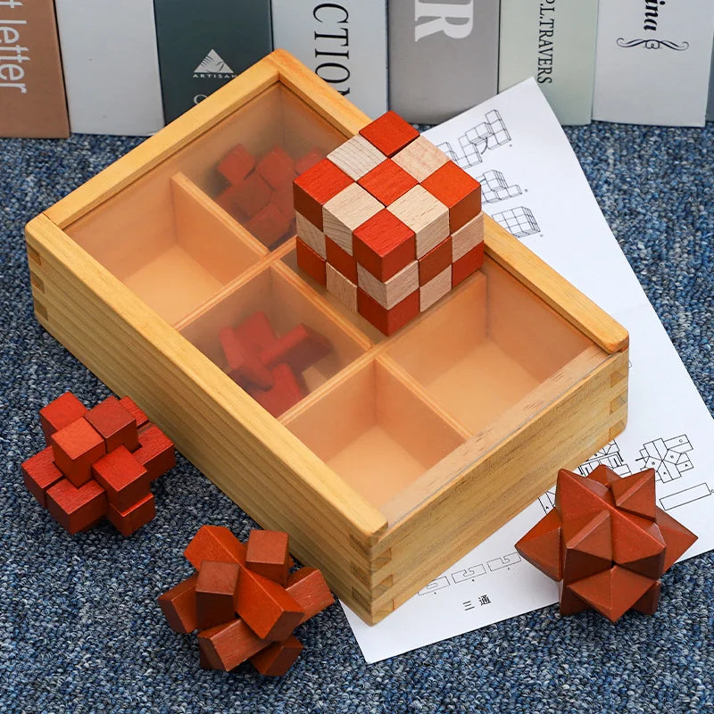 Wooden set of IQ  Brain Teaser 3D Puzzles Game for Focus & Calm
