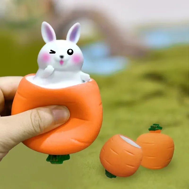 bunny popping out of carrot anti stress toy