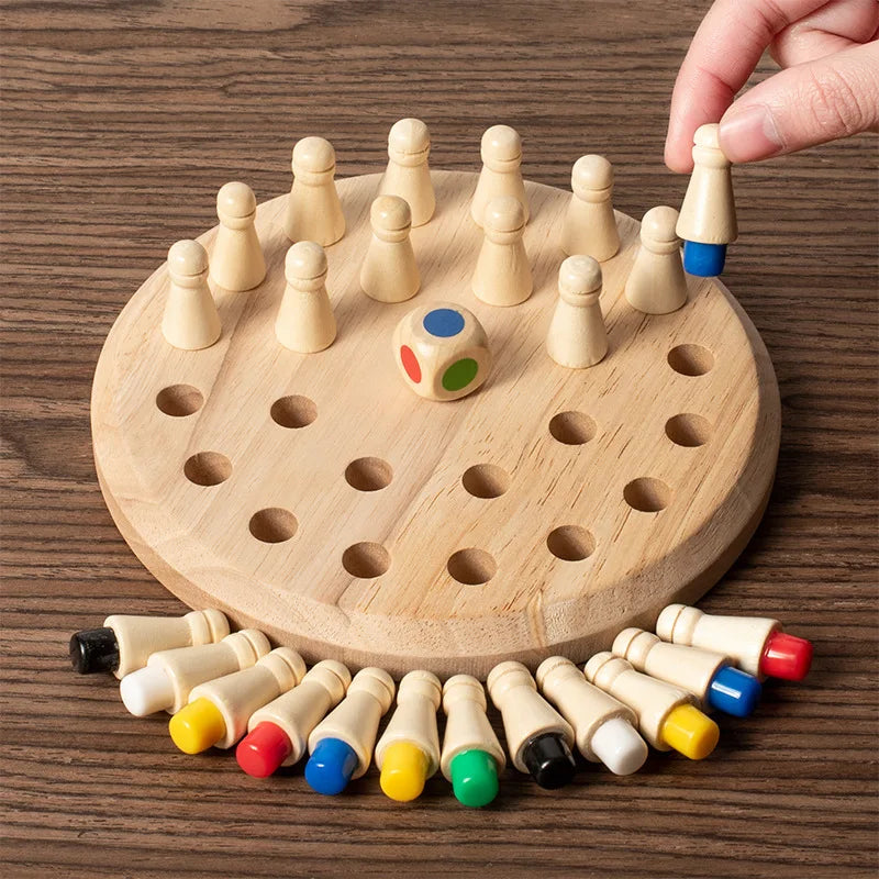 child playing wooden memory match chess board game