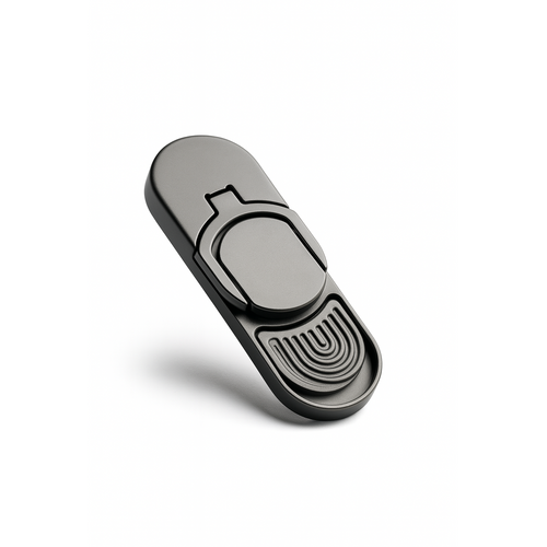 Metallic keychain device on a white background